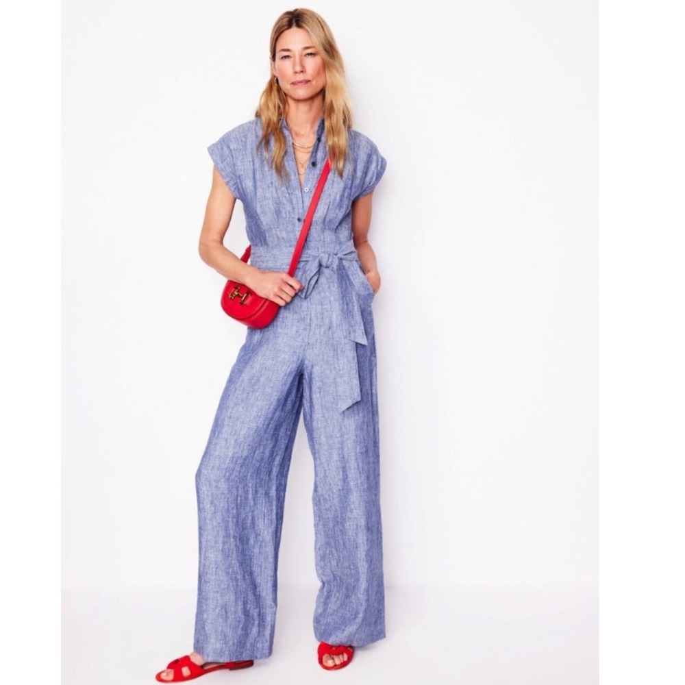 Boden Colette Linen Jumpsuit Blue Short Sleeve Wide Leg Button Front Womens 10R